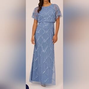 Adrianna Papell Hand-Beaded Blouson Long Gown With Flutter Sleeves Size 12 New